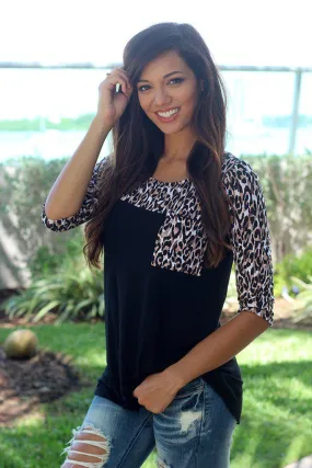 Black Animal Print Top with Pocket