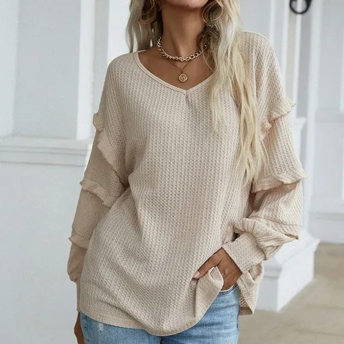 Casual Solid Color Long Lantern Sleeve Ruffle Knitting Tops