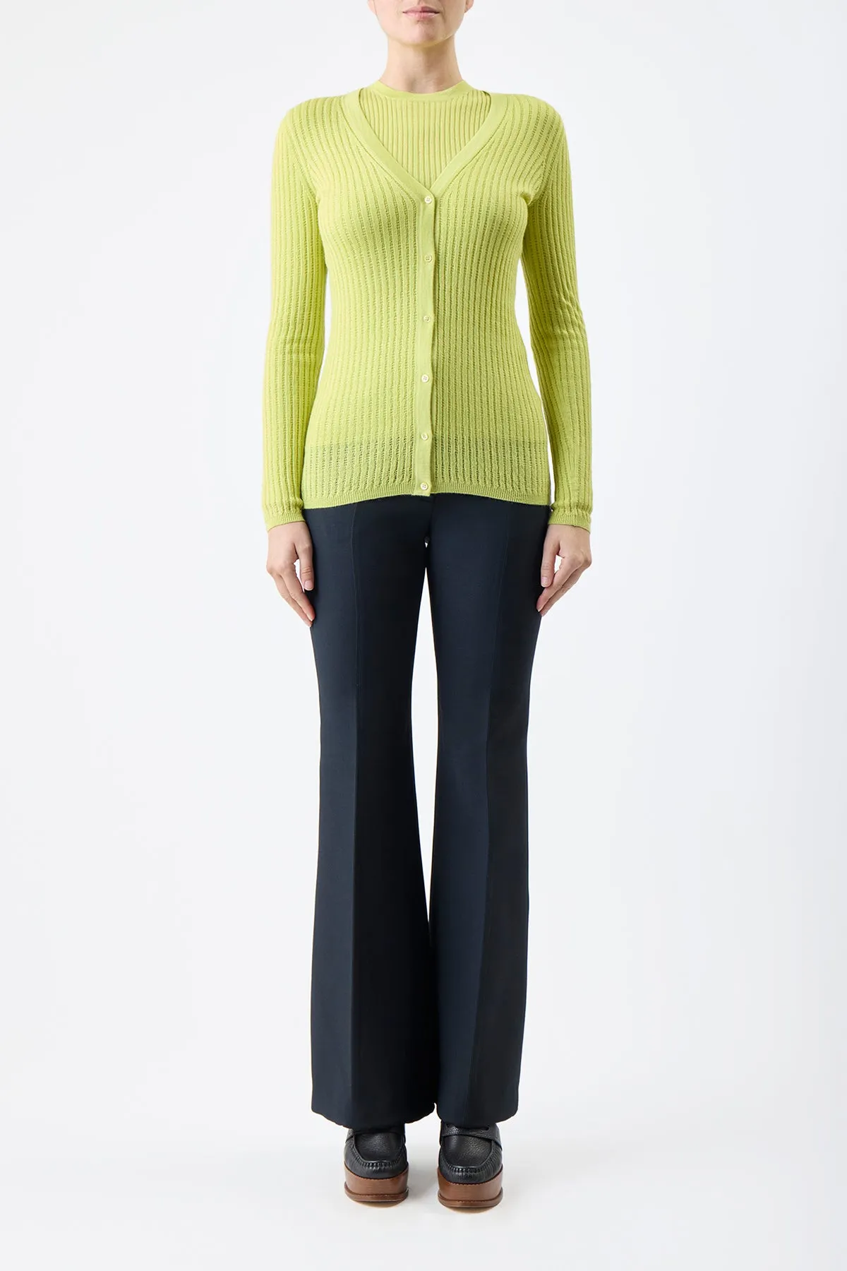 Emma Pointelle Knit Cardigan in Lime Adamite Cashmere Silk