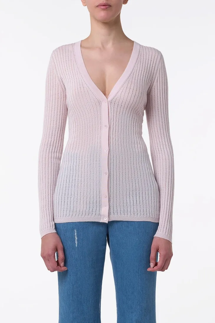 Emma Pointelle Knit Cardigan in Pale Blush Cashmere Silk