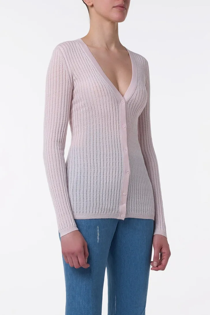 Emma Pointelle Knit Cardigan in Pale Blush Cashmere Silk