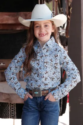 GIRL'S FAM ANIMAL PRINT BUTTON-DOWN WESTERN - LIGHT BLUE