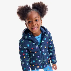 Kids lightweight puffer jacket in rainbow confetti stars