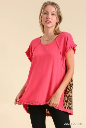 Linen Blend Short Ruffle Sleeve Round Neck Top With Animal Print Scoop Back