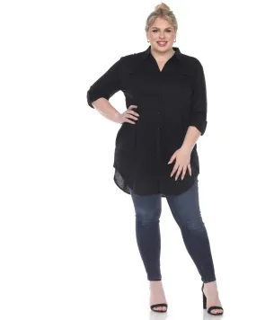 Stretchy Button Down Tunic Top | Black