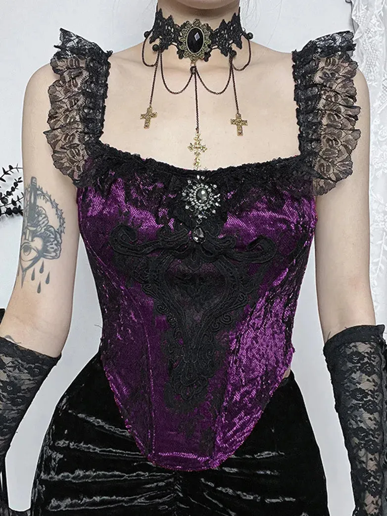 Women Masquerade Gothic Lace Floral Patch Bustier Tops