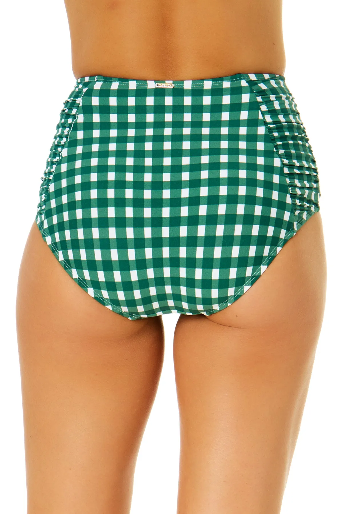 Women's Green Gingham Shirred High Waist Tummy Control Bikini Bottom