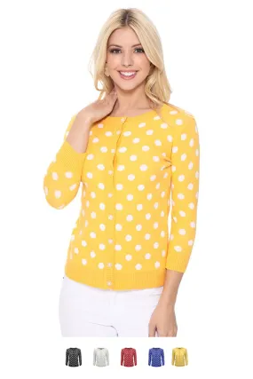 YEMAK Women's Polka Dot Cute Jacquard Crewneck Button Down Sweater Cardigan MK3104